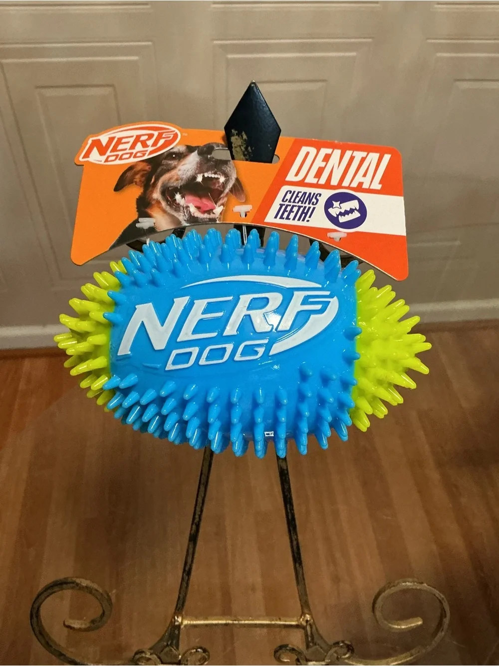 NEW NERF DOG Green/Blue Spike& Squeak 7:Inch. Rubber Football Toy